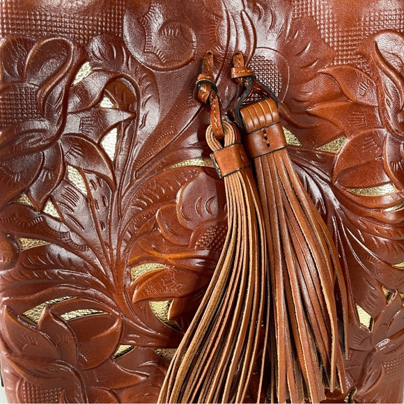 Patricia Nash Cognac Embossed Leather Shoulder Bag Cut Out Tooled Tassels - Picture 9 of 9